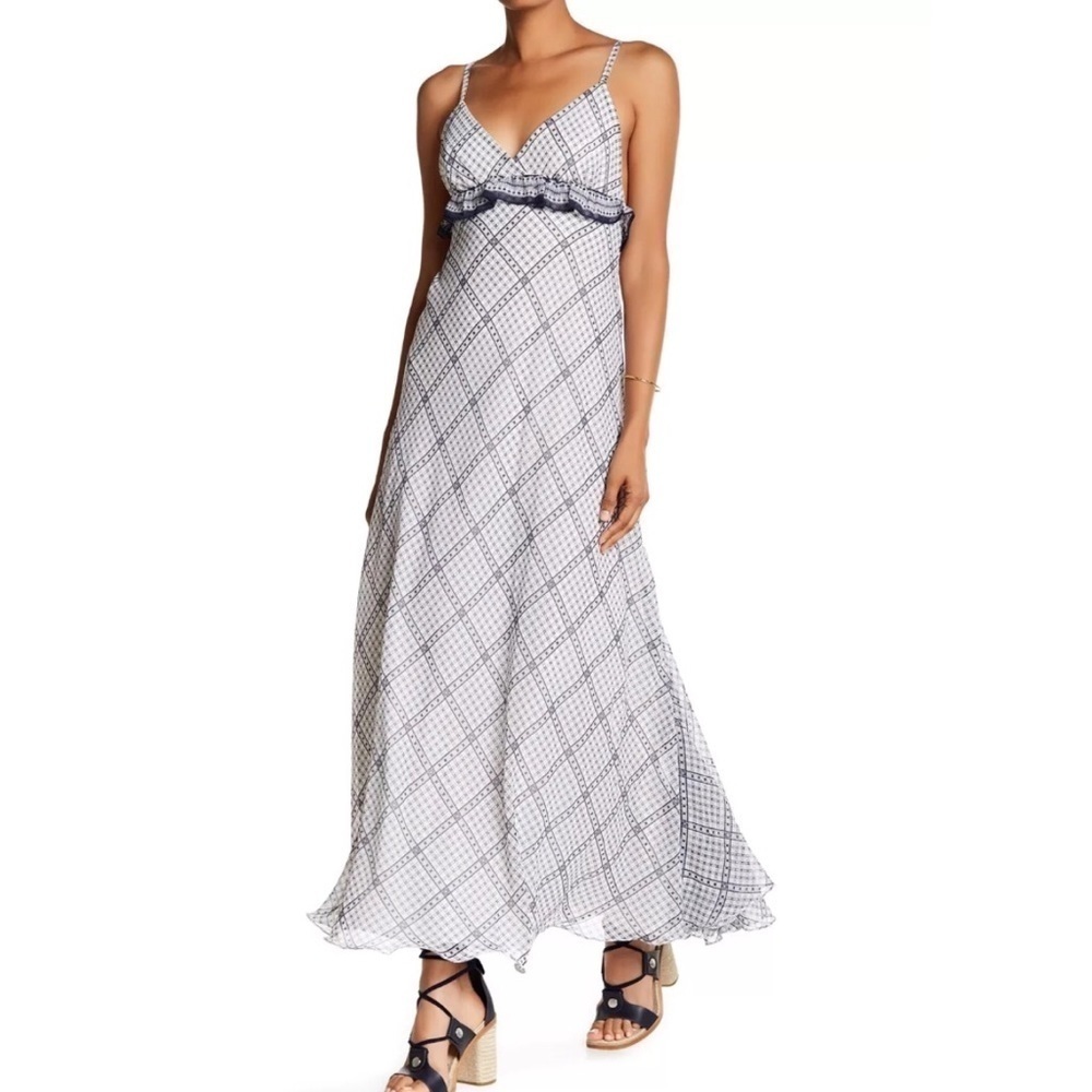 𝅺Max Studio Ruffle Maxi Summer Dress diamond print empire waist Sleeveless